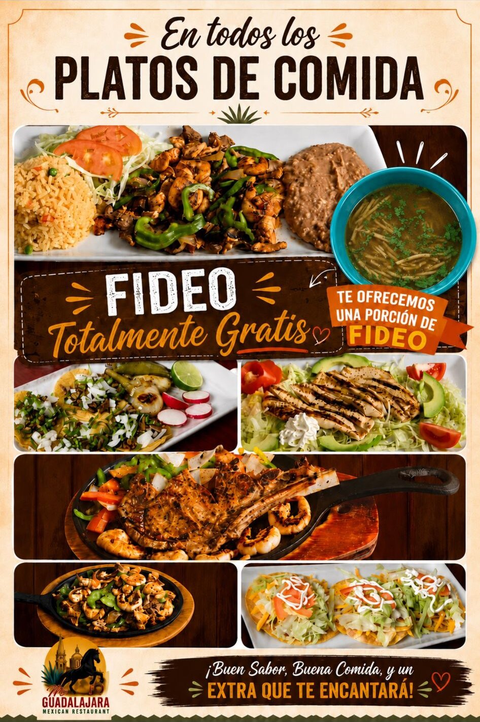 Mi Guadalajara promotion: a free portion of fideo with every food platter